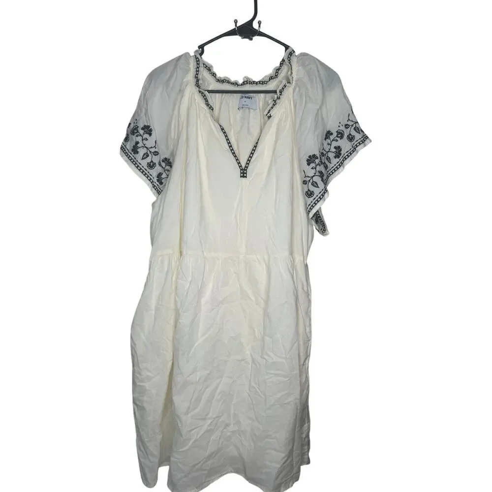 Old Navy Embroidered Mini Swing Dress XL Boho Cottage Pockets 100% Cotton - Picture 2 of 6